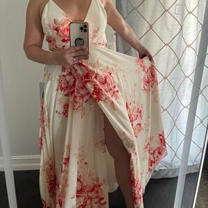 LuLu’s ORIGINAL-Elegantly Inclined Cream and Coral Floral Print Wrap Maxi Dress
